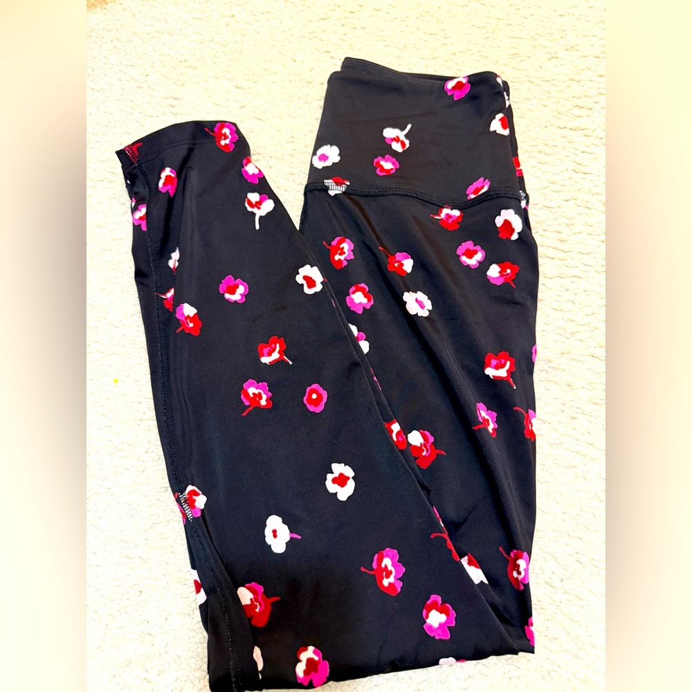 Kate Spade Black Leggings with Pink and Red Floral Design